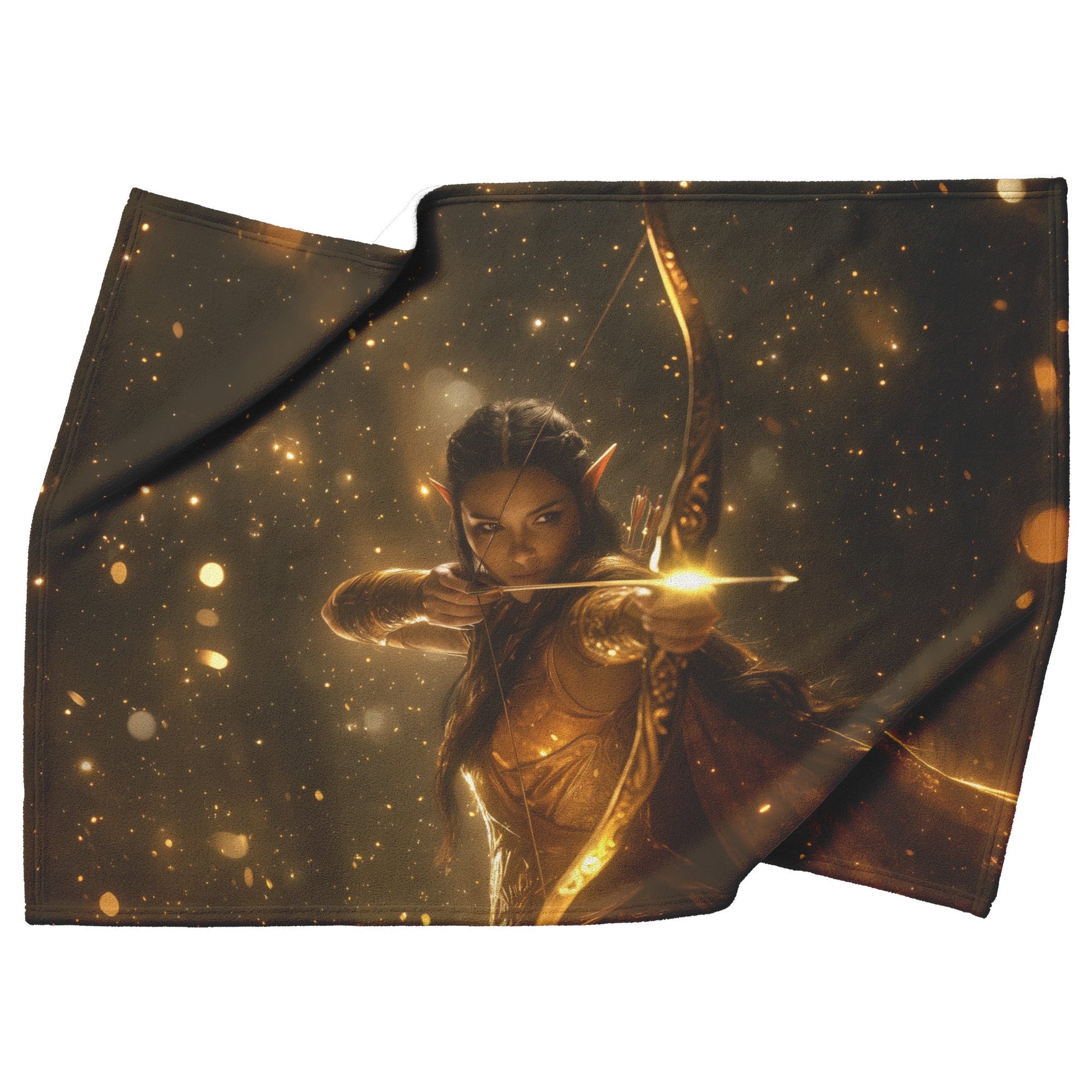 Night Elf Hunter Fleece Sherpa Blanket Glowing Bow Golden Mist Silver Light Elegant World of Warcraft Design - Awakening Righteousness