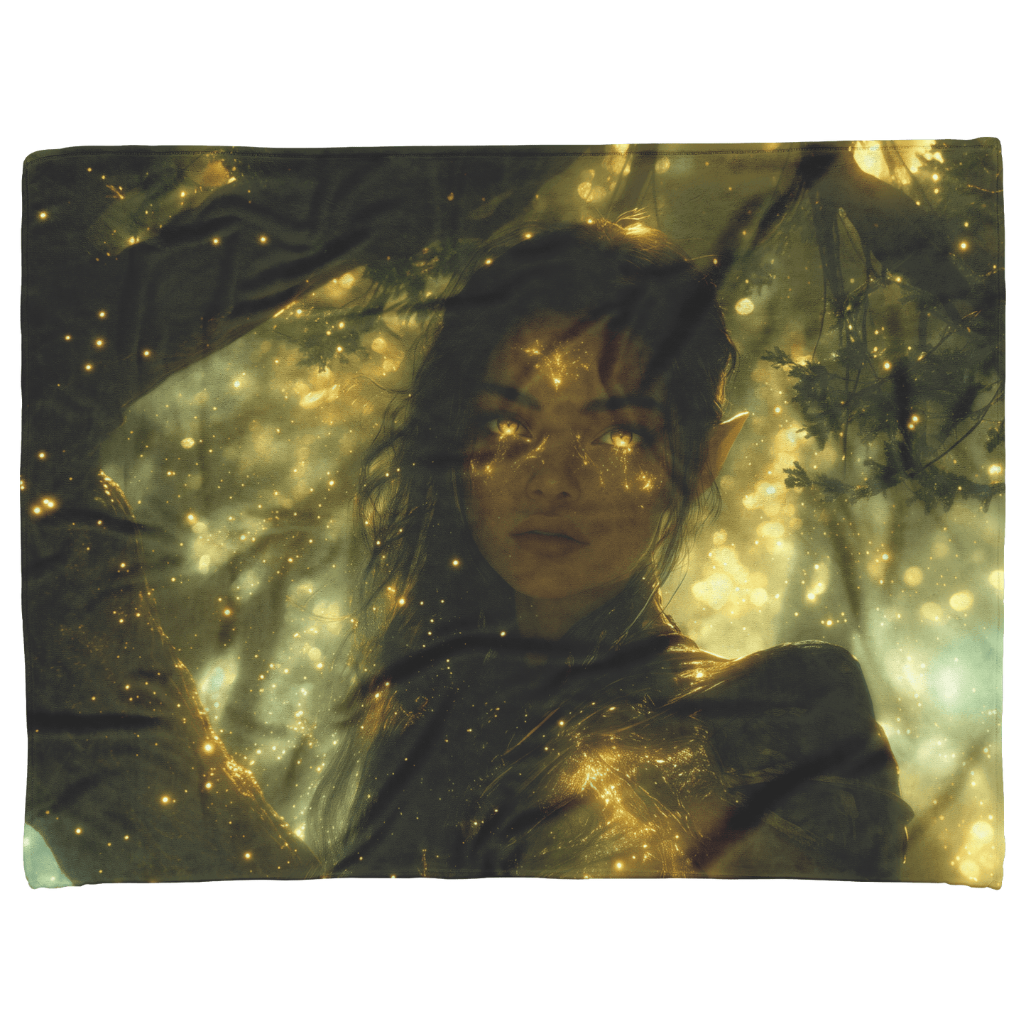 Night Elf Hunter Fleece Sherpa Blanket Glowing Runes Ancient Trees Golden Highlights Cascading Stars Elegant Powerful Design - Awakening Righteousness