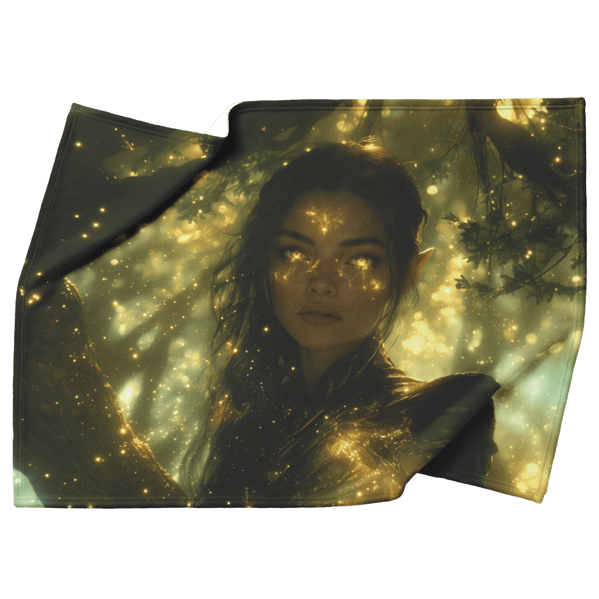 Night Elf Hunter Fleece Sherpa Blanket Glowing Runes Ancient Trees Golden Highlights Cascading Stars Elegant Powerful Design - Awakening Righteousness