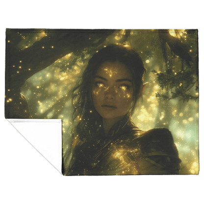 Night Elf Hunter Fleece Sherpa Blanket Glowing Runes Ancient Trees Golden Highlights Cascading Stars Elegant Powerful Design - Awakening Righteousness