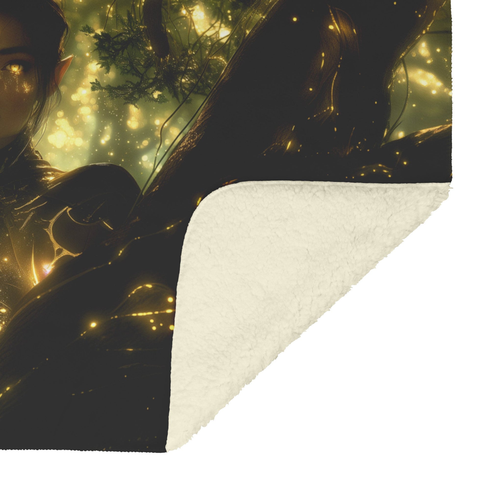 Night Elf Hunter Fleece Sherpa Blanket Glowing Runes Ancient Trees Golden Highlights Cascading Stars Elegant Powerful WoW Design - Awakening Righteousness
