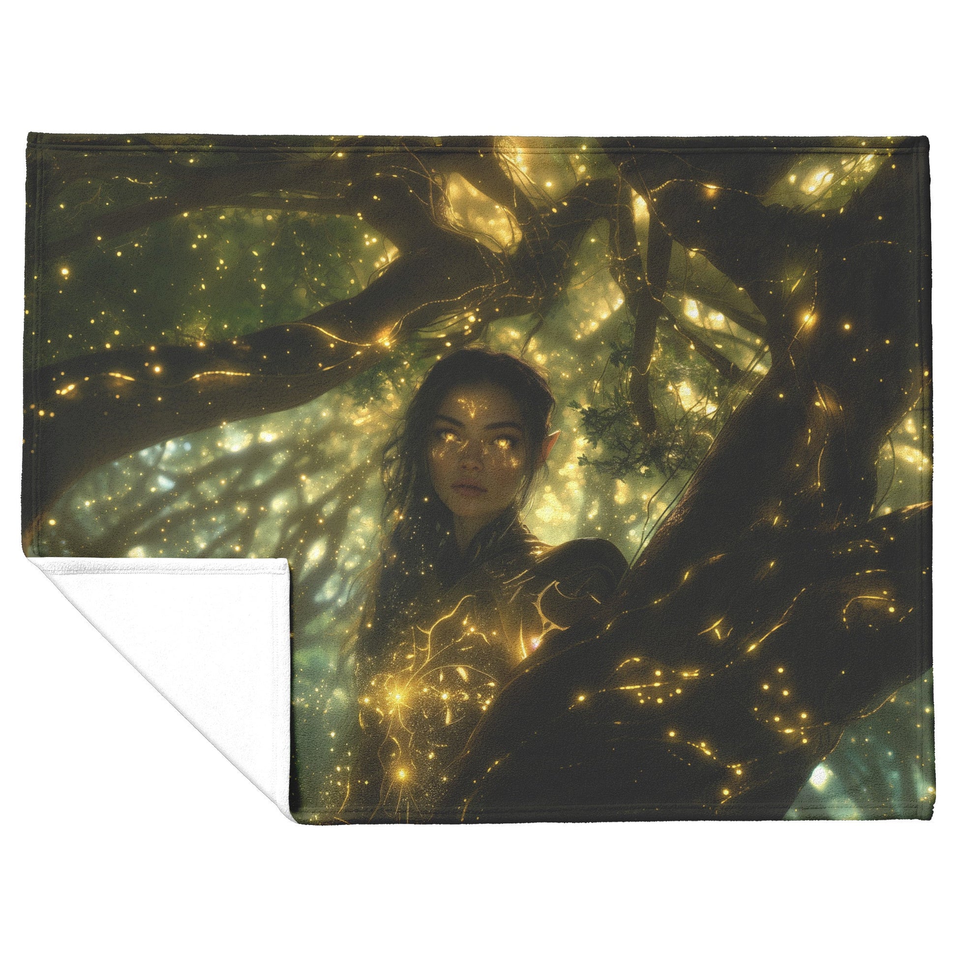 Night Elf Hunter Fleece Sherpa Blanket Glowing Runes Ancient Trees Golden Highlights Cascading Stars Elegant Powerful WoW Design - Awakening Righteousness