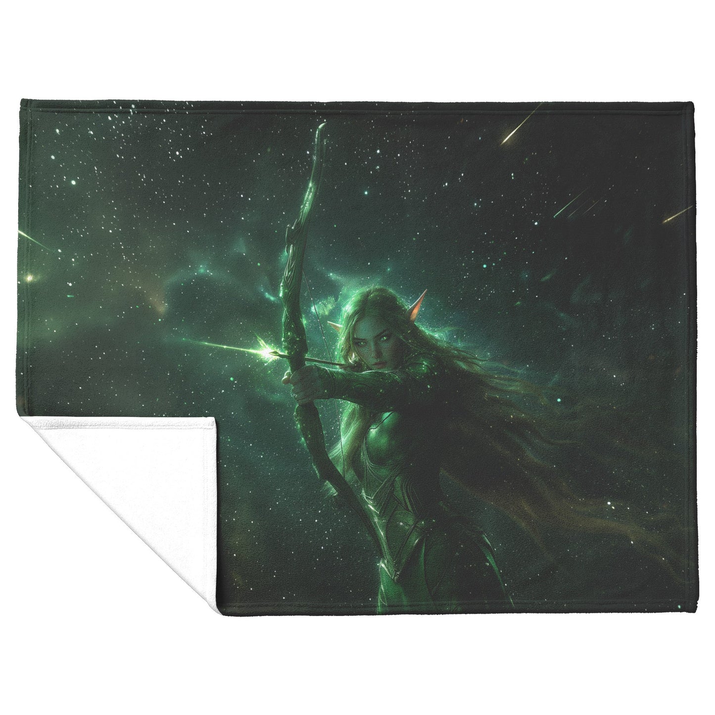 Night Elf Hunter Fleece Sherpa Blanket Green Silver Armor Glowing Bow Shimmering Stars Light Trails Majestic WoW Design - Awakening Righteousness
