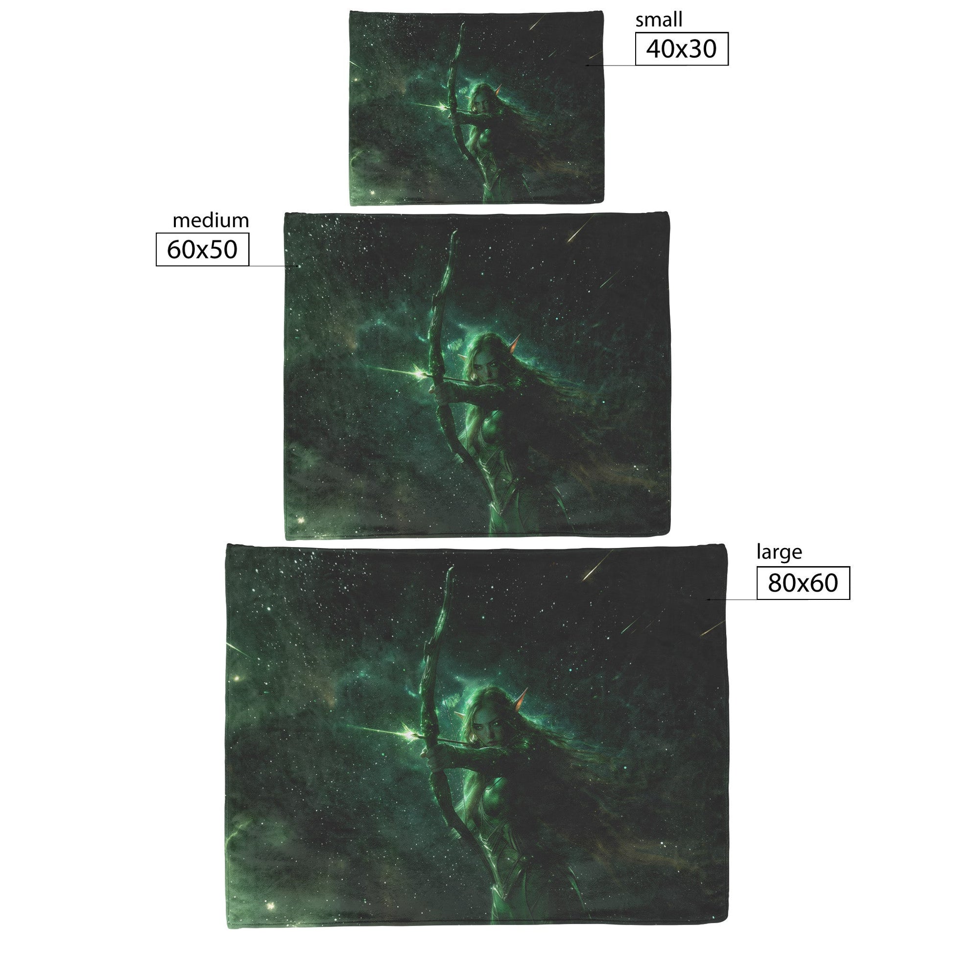 Night Elf Hunter Fleece Sherpa Blanket Green Silver Armor Glowing Bow Shimmering Stars Light Trails Majestic WoW Design - Awakening Righteousness