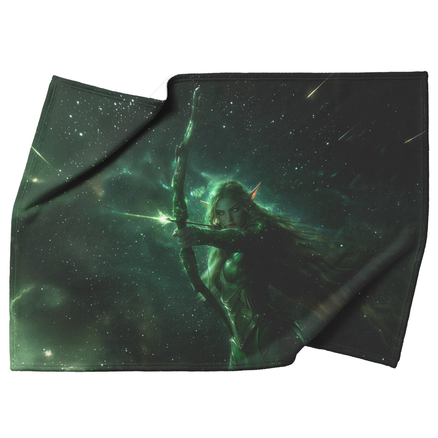 Night Elf Hunter Fleece Sherpa Blanket Green Silver Armor Glowing Bow Shimmering Stars Light Trails Majestic WoW Design - Awakening Righteousness