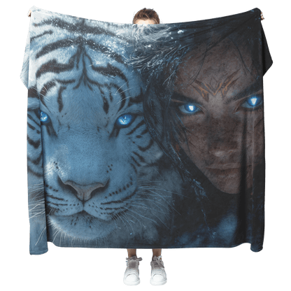 Night Elf Hunter Fleece Sherpa Blanket White Tiger Shimmering Textures Glowing Reflections Peaceful Majestic WoW Design - Awakening Righteousness