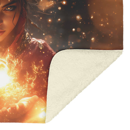 Night Elf Mage Fleece Sherpa Blanket Glowing Fireball Golden Reflections Shimmering Textures Bold Powerful WoW Design - Awakening Righteousness