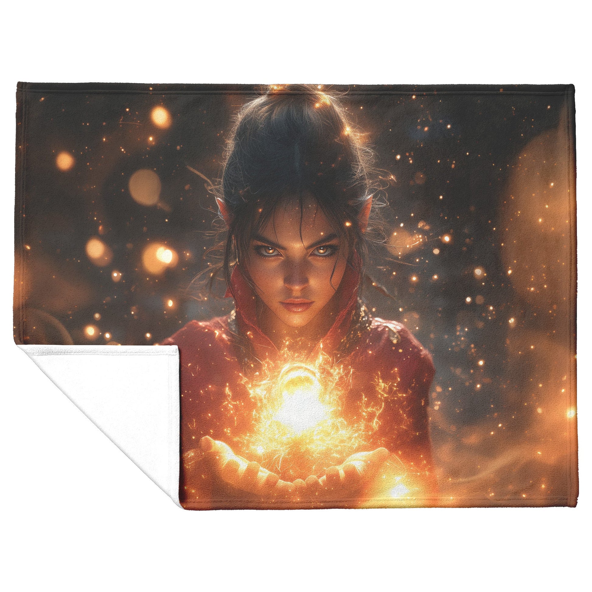 Night Elf Mage Fleece Sherpa Blanket Glowing Fireball Golden Reflections Shimmering Textures Bold Powerful WoW Design - Awakening Righteousness