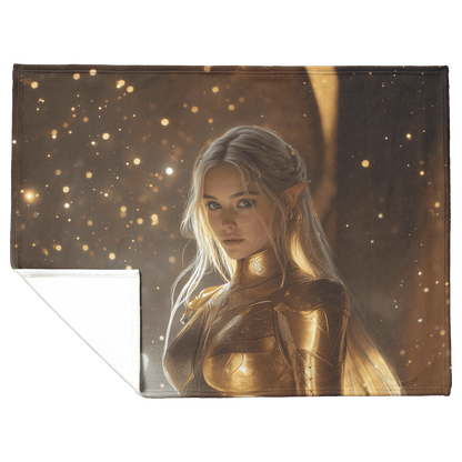Night Elf Paladin Fleece Sherpa Blanket Golden Armor Shimmering Stars Cosmic Reflections Bold Serene Design - Awakening Righteousness
