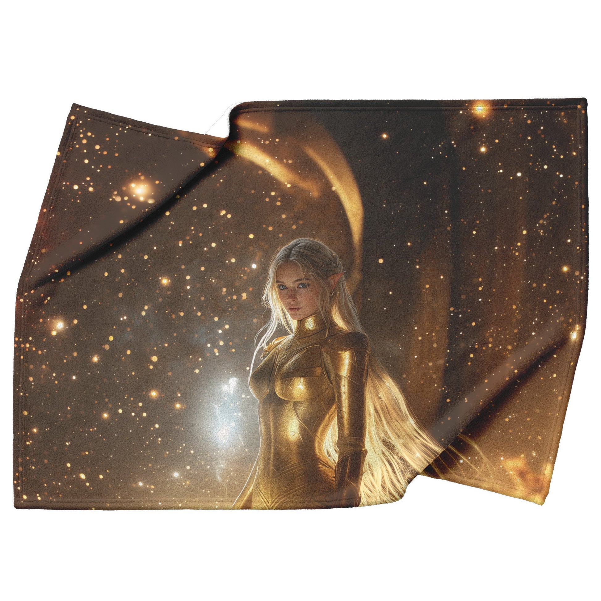 Night Elf Paladin Fleece Sherpa Blanket Golden Armor Shimmering Stars Cosmic Reflections Bold Serene WoW Design - Awakening Righteousness