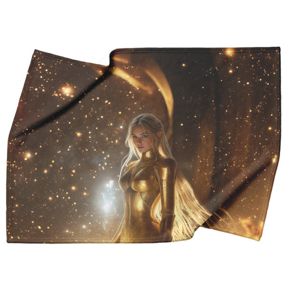 Night Elf Paladin Fleece Sherpa Blanket Golden Armor Shimmering Stars Cosmic Reflections Bold Serene WoW Design - Awakening Righteousness