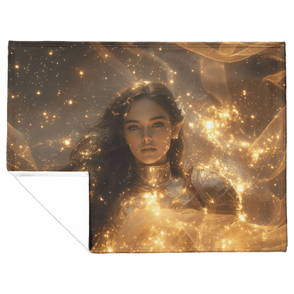 Night Elf Paladin Fleece Sherpa Blanket Golden Armor Shimmering Stars Cosmic Reflections Bold Serene WoW Design - Awakening Righteousness