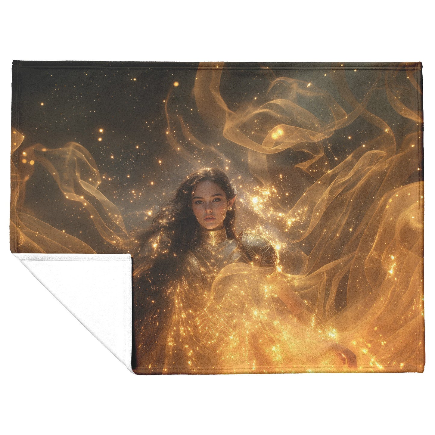 Night Elf Paladin Fleece Sherpa Blanket Golden Armor Shimmering Stars Cosmic Reflections Bold Serene WoW Design - Awakening Righteousness