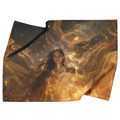 Night Elf Paladin Fleece Sherpa Blanket Golden Armor Shimmering Stars Cosmic Reflections Bold Serene WoW Design - Awakening Righteousness