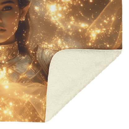 Night Elf Paladin Fleece Sherpa Blanket Golden Armor Shimmering Stars Cosmic Reflections Bold Serene WoW Design - Awakening Righteousness