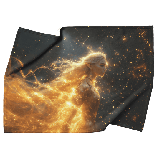 Night Elf Paladin Fleece Sherpa Blanket Golden Armor Shimmering Stars Cosmic Reflections Bold Serene WoW Design - Awakening Righteousness