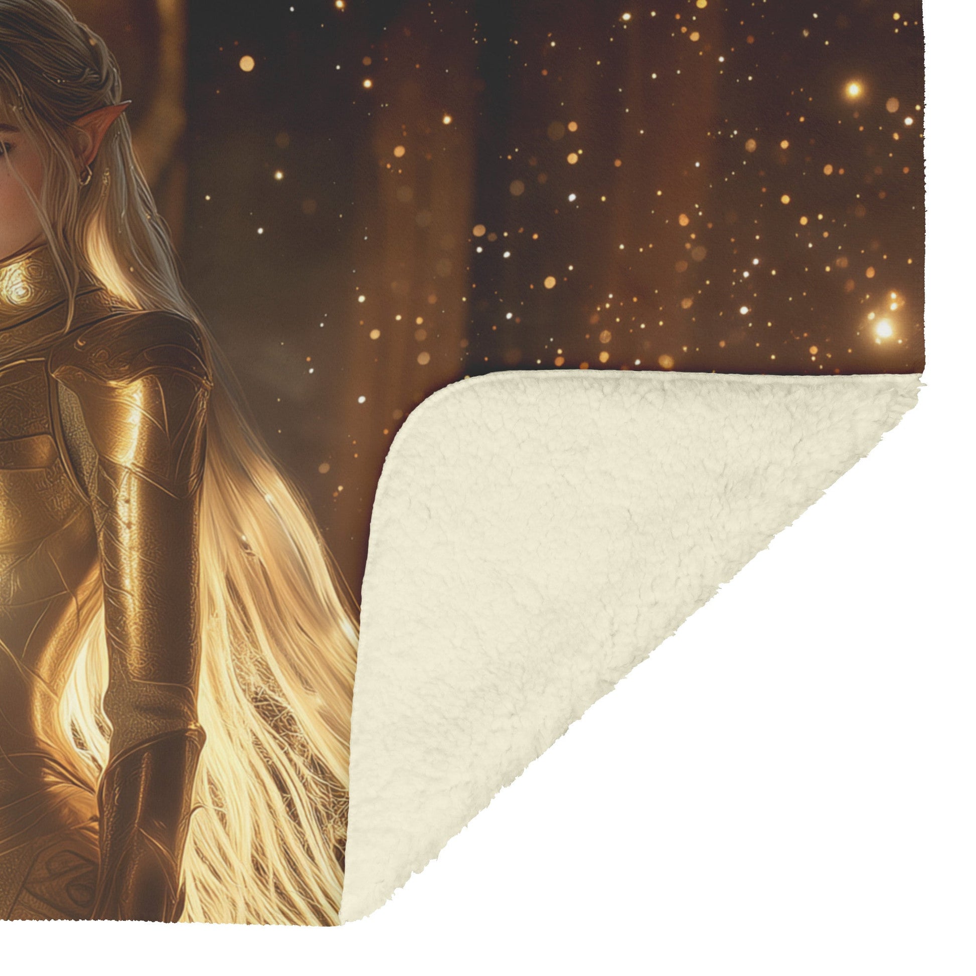 Night Elf Paladin Fleece Sherpa Blanket Golden Armor Shimmering Stars Cosmic Reflections Bold Serene WoW Design - Awakening Righteousness