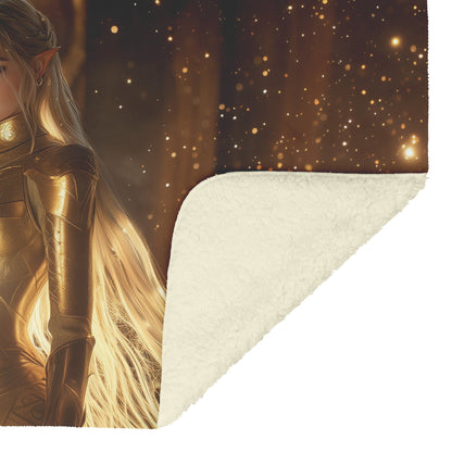 Night Elf Paladin Fleece Sherpa Blanket Golden Armor Shimmering Stars Cosmic Reflections Bold Serene WoW Design - Awakening Righteousness