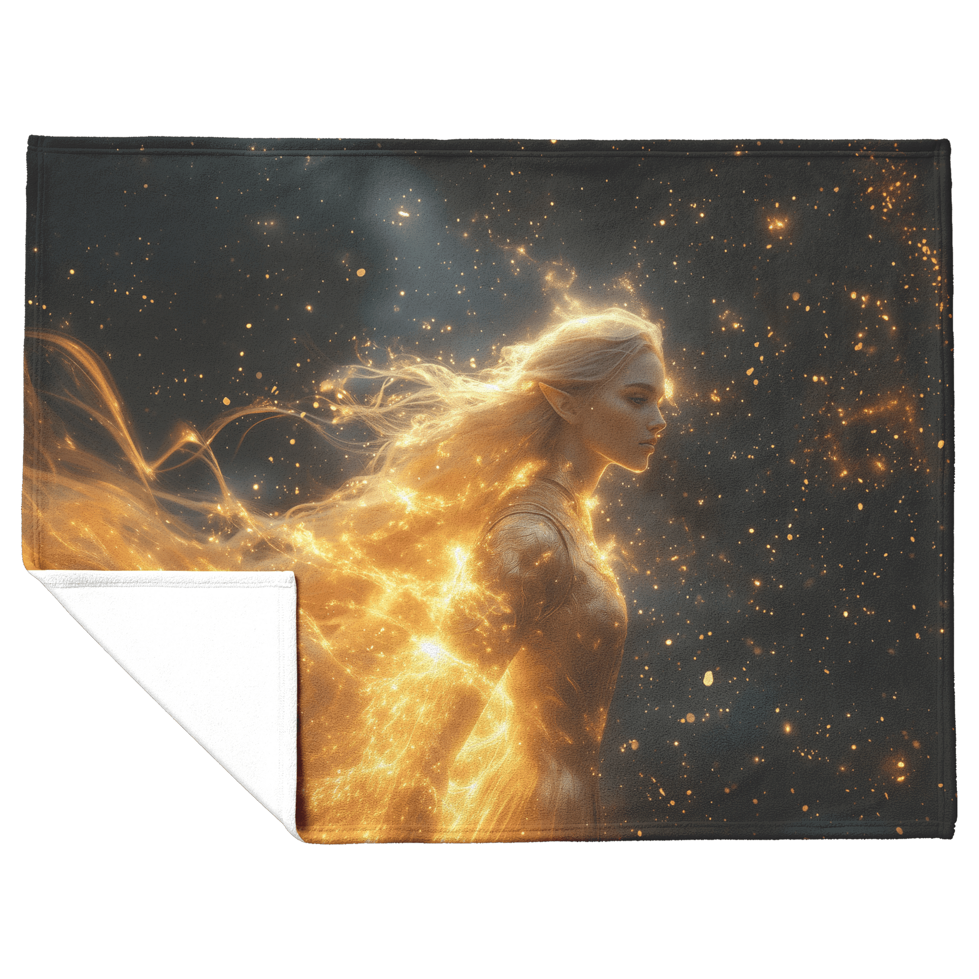 Night Elf Paladin Fleece Sherpa Blanket Golden Armor Shimmering Stars Cosmic Reflections Bold Serene WoW Design - Awakening Righteousness