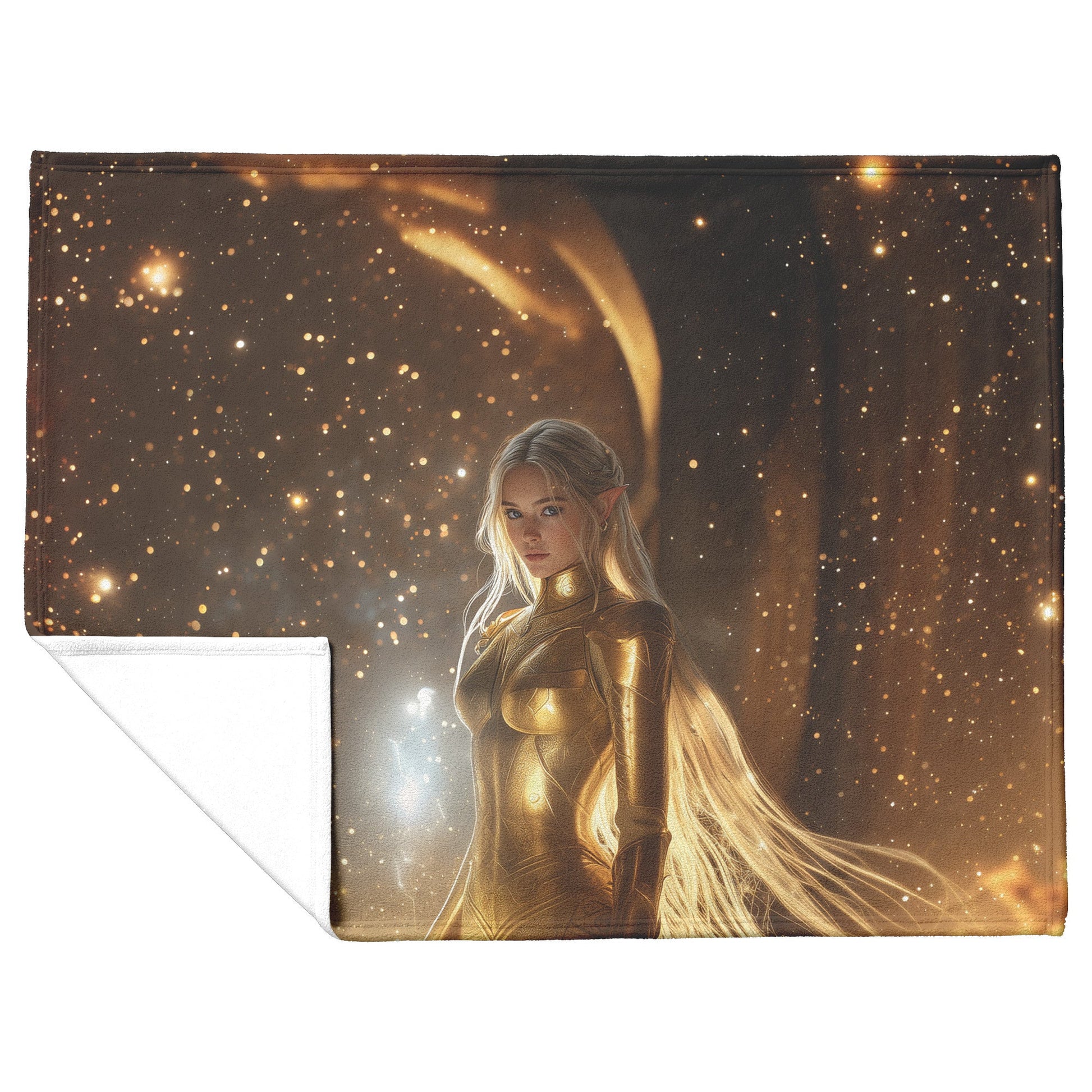 Night Elf Paladin Fleece Sherpa Blanket Golden Armor Shimmering Stars Cosmic Reflections Bold Serene WoW Design - Awakening Righteousness