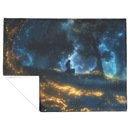 Night Elf Paladin Fleece Sherpa Blanket Moonlit Grove Shimmering Stars Golden Accents Tranquil Majestic Design - Awakening Righteousness