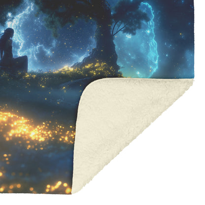 Night Elf Paladin Fleece Sherpa Blanket Moonlit Grove Shimmering Stars Golden Accents Tranquil Majestic Design - Awakening Righteousness