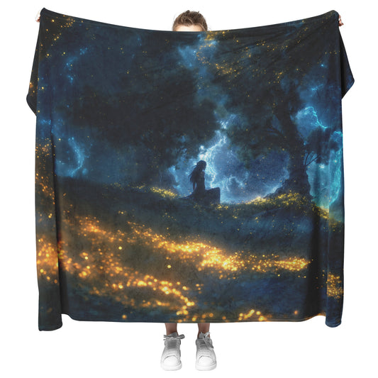 Night Elf Paladin Fleece Sherpa Blanket Moonlit Grove Shimmering Stars Golden Accents Tranquil Majestic Design - Awakening Righteousness