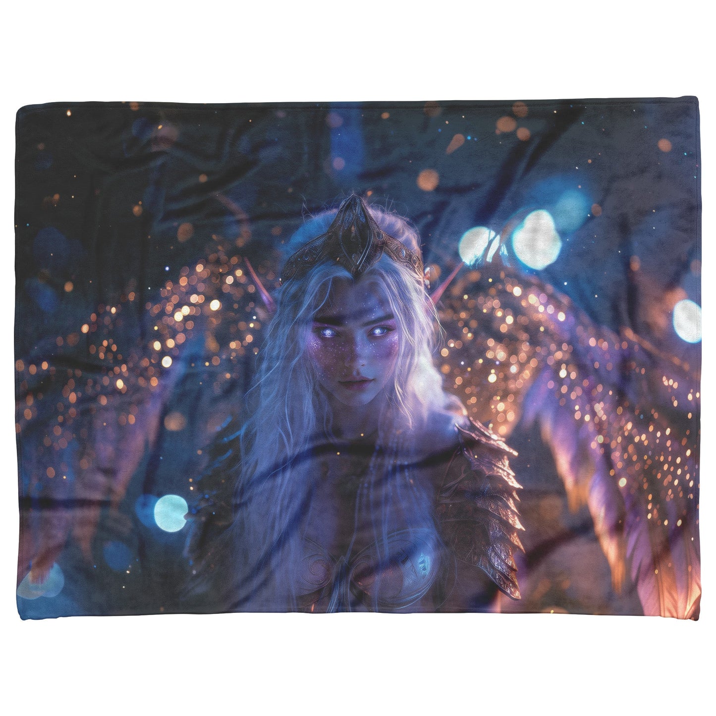 Night Elf Paladin Fleece Sherpa Blanket Purple Armor Radiant Wings Cosmic Stars Glowing Textures Serene Inspiring Design - Awakening Righteousness