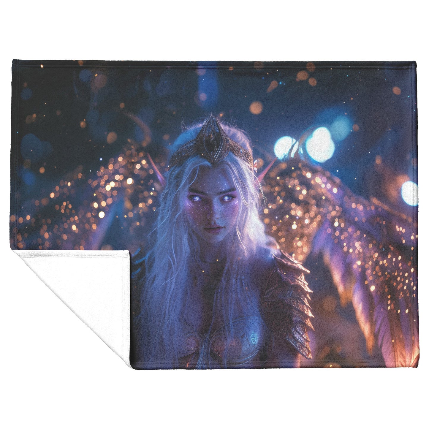 Night Elf Paladin Fleece Sherpa Blanket Purple Armor Radiant Wings Cosmic Stars Glowing Textures Serene Inspiring Design - Awakening Righteousness