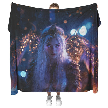 Night Elf Paladin Fleece Sherpa Blanket Purple Armor Radiant Wings Cosmic Stars Glowing Textures Serene Inspiring Design - Awakening Righteousness