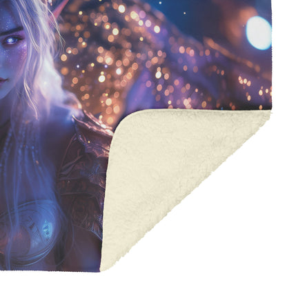 Night Elf Paladin Fleece Sherpa Blanket Purple Armor Radiant Wings Cosmic Stars Glowing Textures Serene Inspiring Design - Awakening Righteousness
