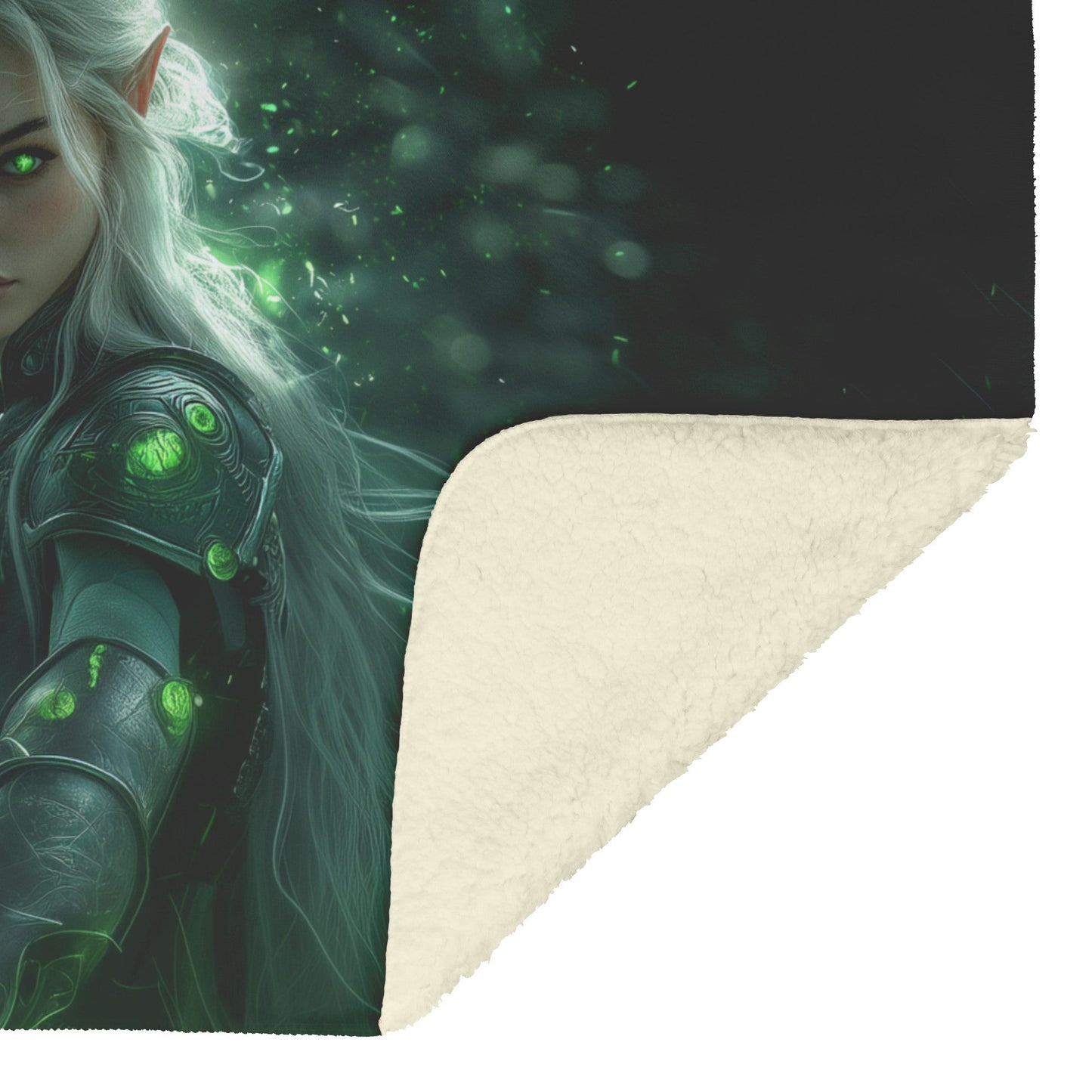 Night Elf Paladin Fleece Sherpa Blanket Silver Armor Glowing Green Runes Light Trails Bold Powerful WoW Design - Awakening Righteousness