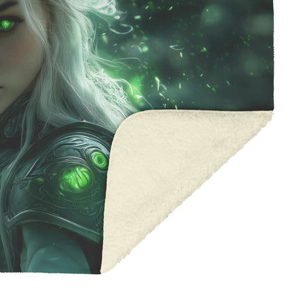 Night Elf Paladin Fleece Sherpa Blanket Silver Armor Green Runes Shimmering Textures Light Trails Bold Powerful WoW Design - Awakening Righteousness