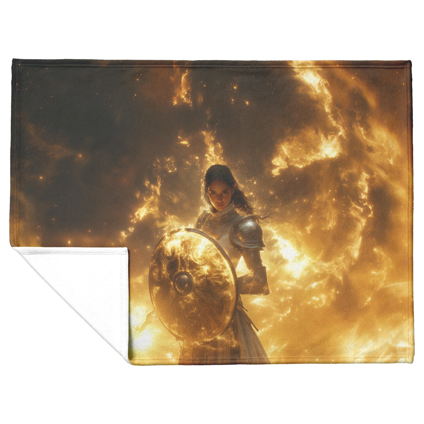 Night Elf Paladin Fleece Sherpa Blanket Silver Gold Armor Radiant Shield Cosmic Mist Bold Elegant WoW Design - Awakening Righteousness