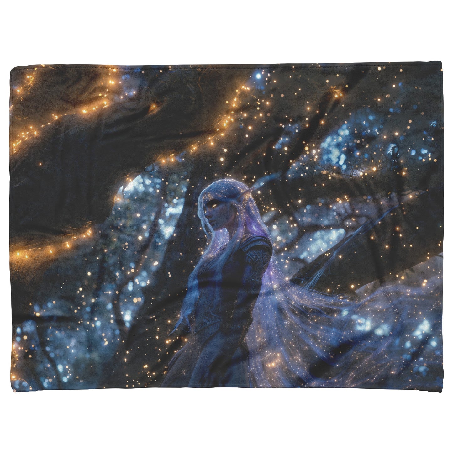 Night Elf Paladin Fleece Sherpa Blanket Silver Purple Armor Golden Accents Shimmering Light Stars Majestic Serene Design - Awakening Righteousness