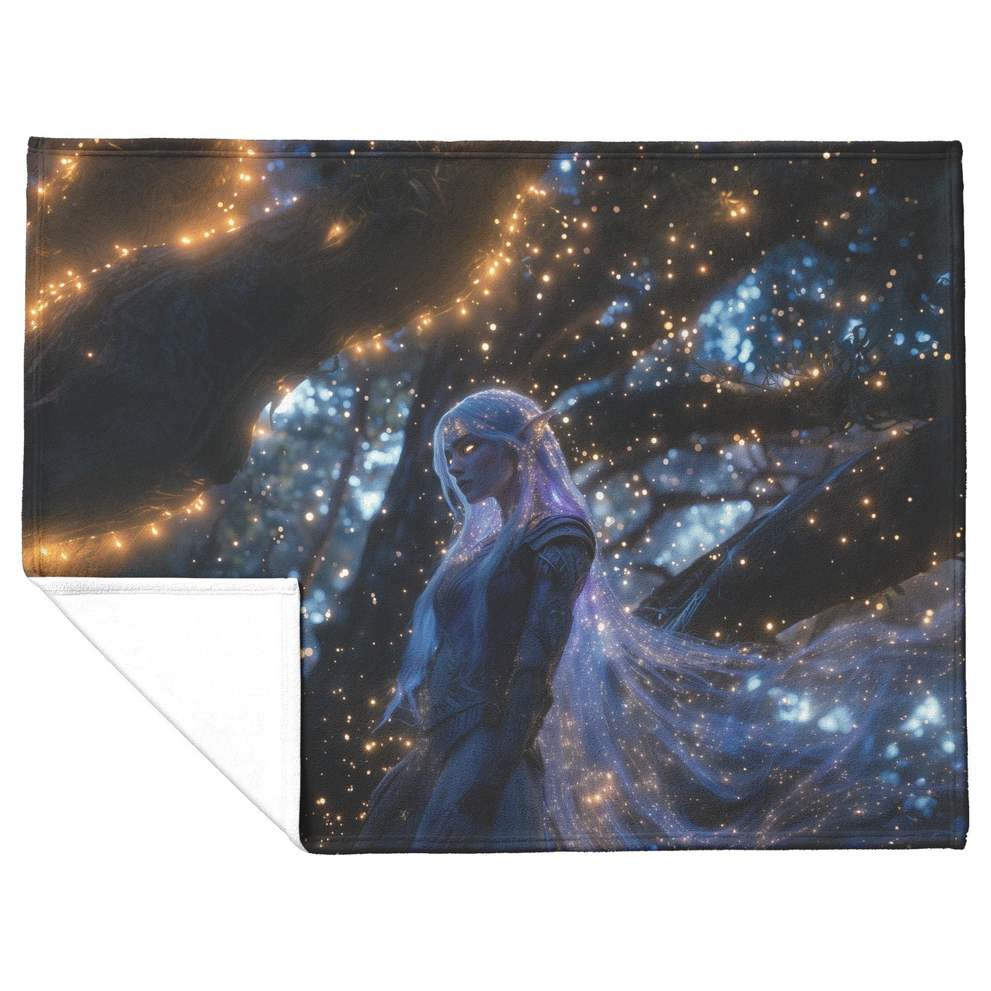 Night Elf Paladin Fleece Sherpa Blanket Silver Purple Armor Golden Accents Shimmering Light Stars Majestic Serene Design - Awakening Righteousness