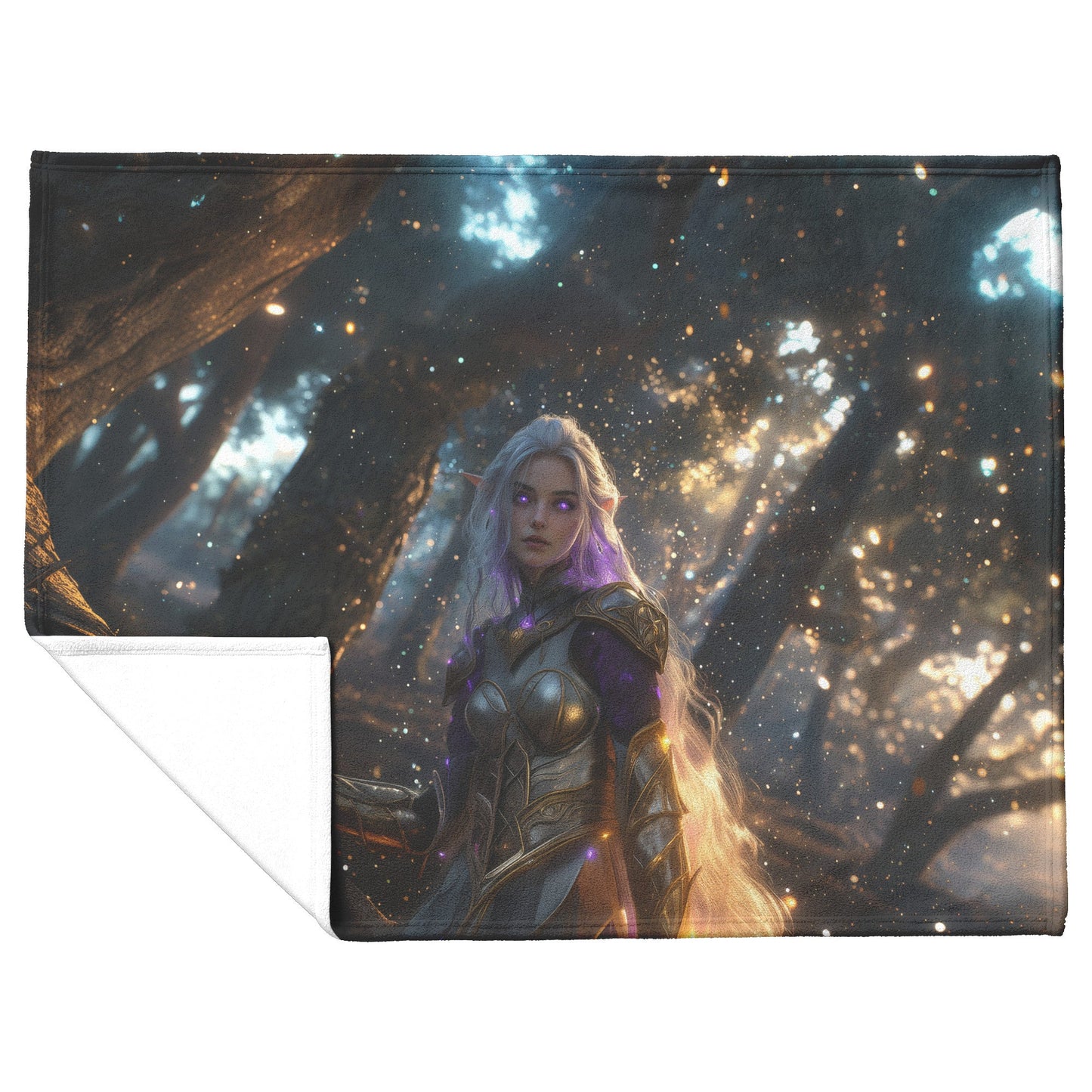 Night Elf Paladin Fleece Sherpa Blanket Silver Purple Armor Golden Accents Shimmering Light Stars Majestic WoW Design - Awakening Righteousness