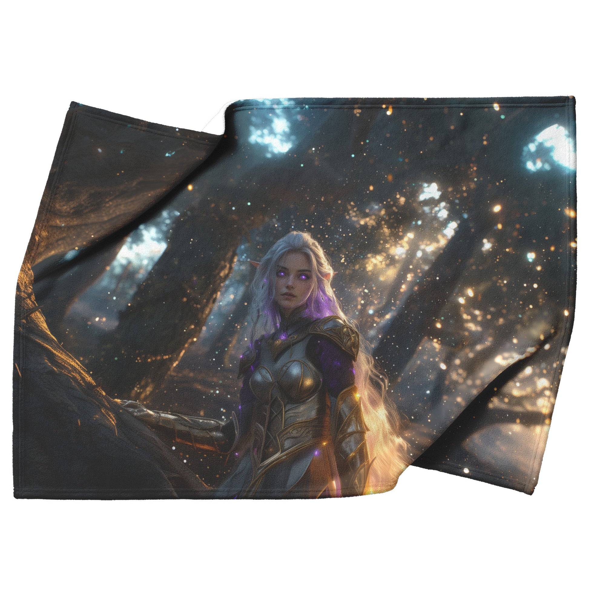 Night Elf Paladin Fleece Sherpa Blanket Silver Purple Armor Golden Accents Shimmering Light Stars Majestic WoW Design - Awakening Righteousness