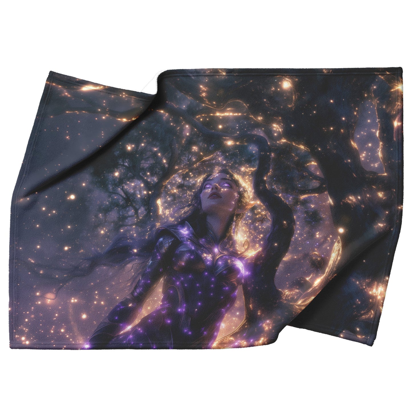 Night Elf Paladin Fleece Sherpa Blanket Silver Purple Armor Golden Accents Silver Light Stars Majestic Serene WoW Design - Awakening Righteousness