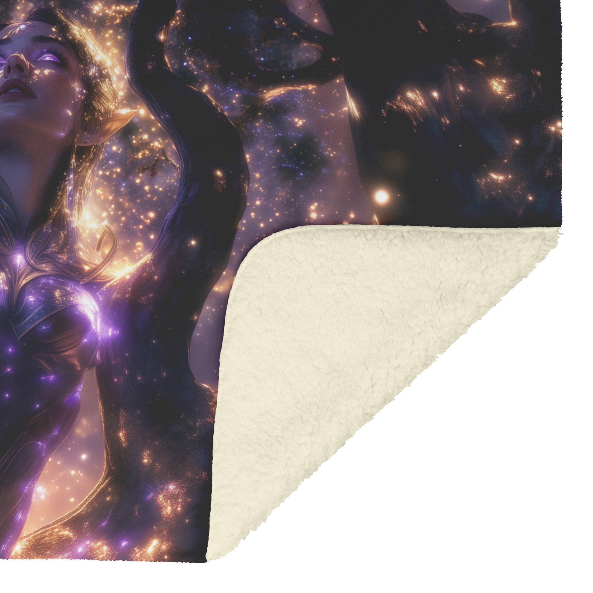 Night Elf Paladin Fleece Sherpa Blanket Silver Purple Armor Golden Accents Silver Light Stars Majestic Serene WoW Design - Awakening Righteousness
