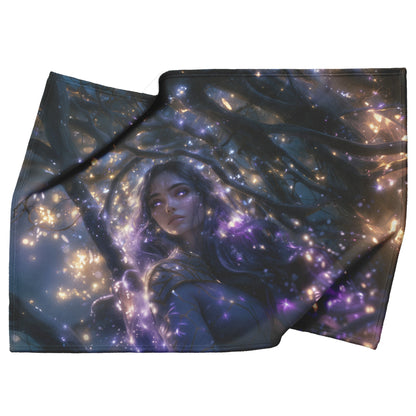 Night Elf Paladin Fleece Sherpa Blanket Silver Purple Armor Golden Accents Silver Light Stars Majestic Serene WoW Design - Awakening Righteousness