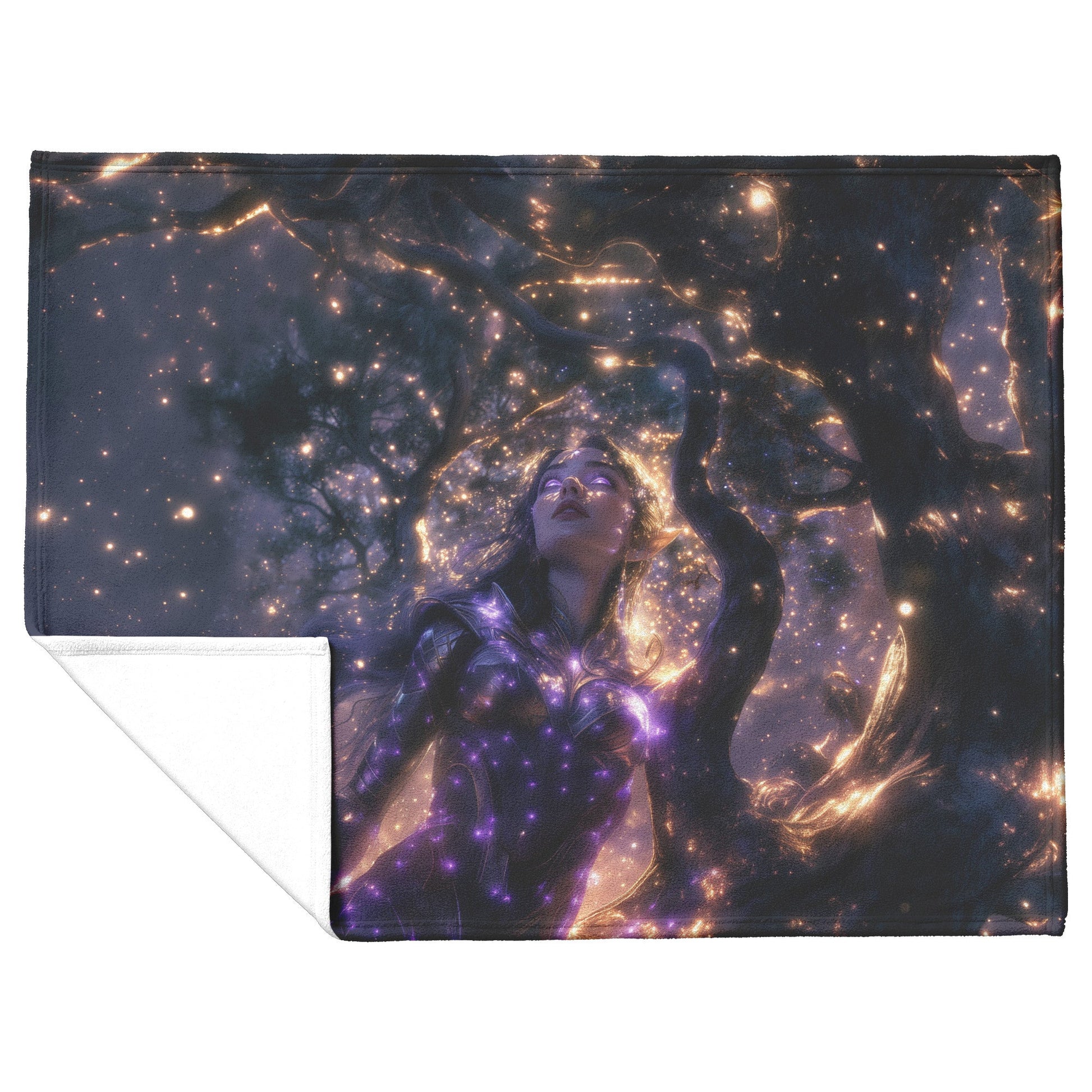 Night Elf Paladin Fleece Sherpa Blanket Silver Purple Armor Golden Accents Silver Light Stars Majestic Serene WoW Design - Awakening Righteousness