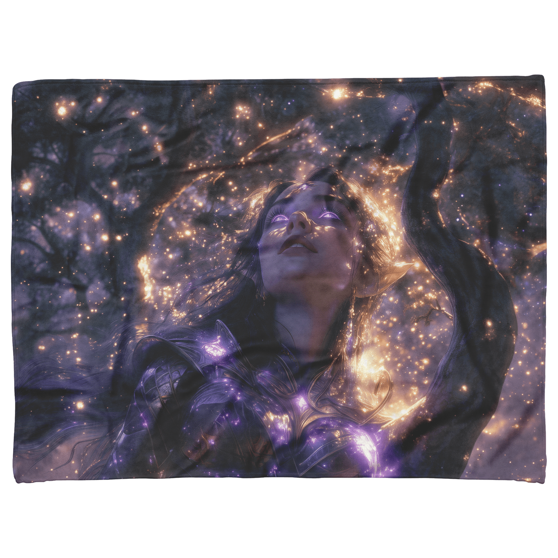 Night Elf Paladin Fleece Sherpa Blanket Silver Purple Armor Silver Light Cascading Stars Majestic Serene WoW Design - Awakening Righteousness