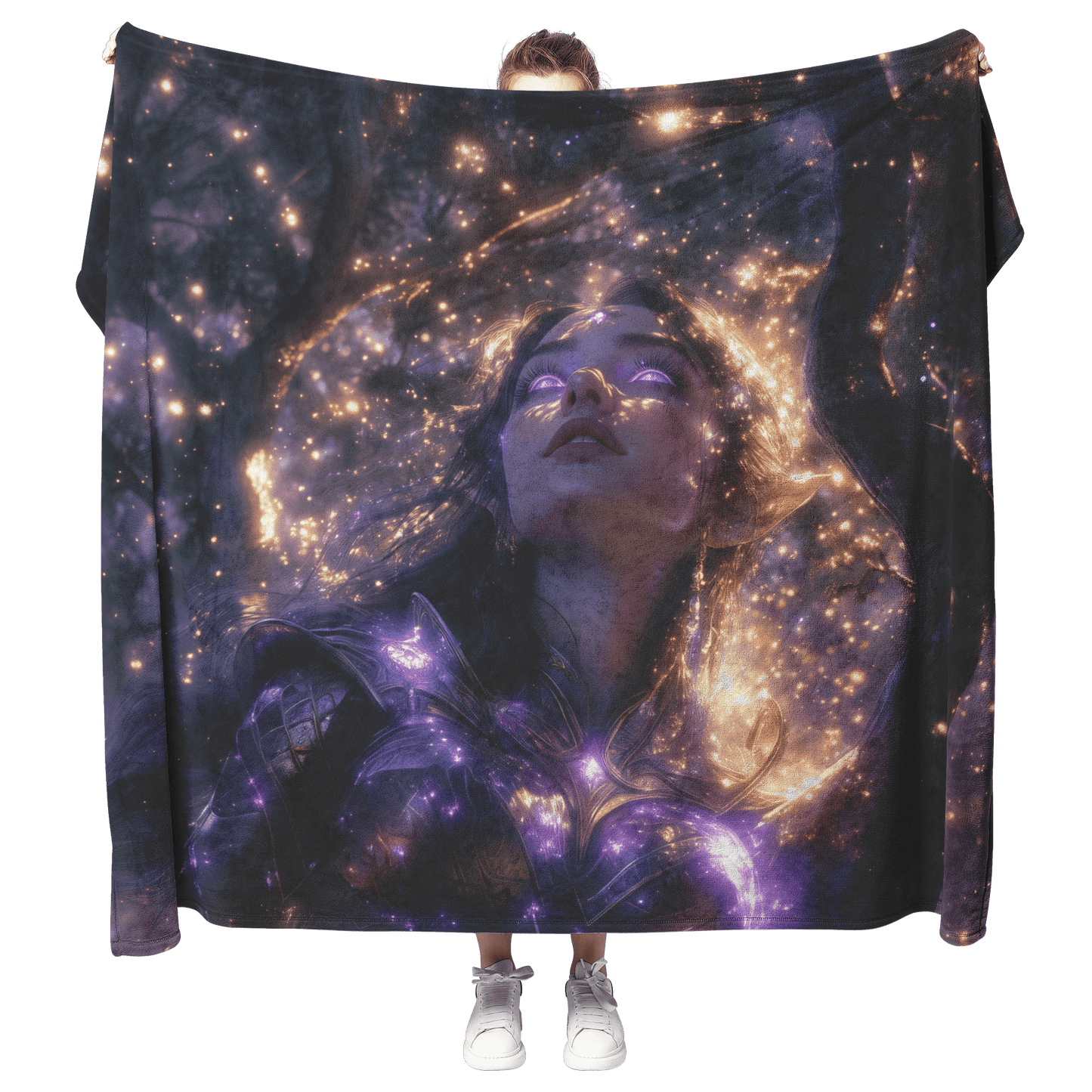 Night Elf Paladin Fleece Sherpa Blanket Silver Purple Armor Silver Light Cascading Stars Majestic Serene WoW Design - Awakening Righteousness