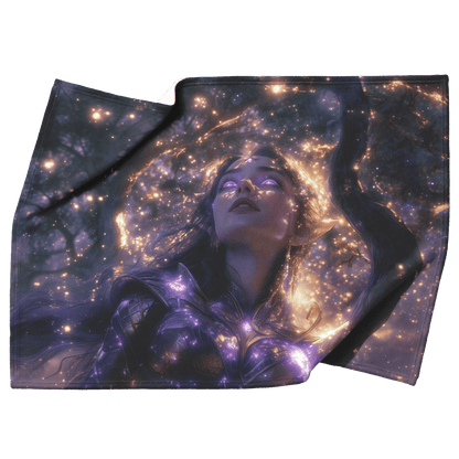 Night Elf Paladin Fleece Sherpa Blanket Silver Purple Armor Silver Light Cascading Stars Majestic Serene WoW Design - Awakening Righteousness