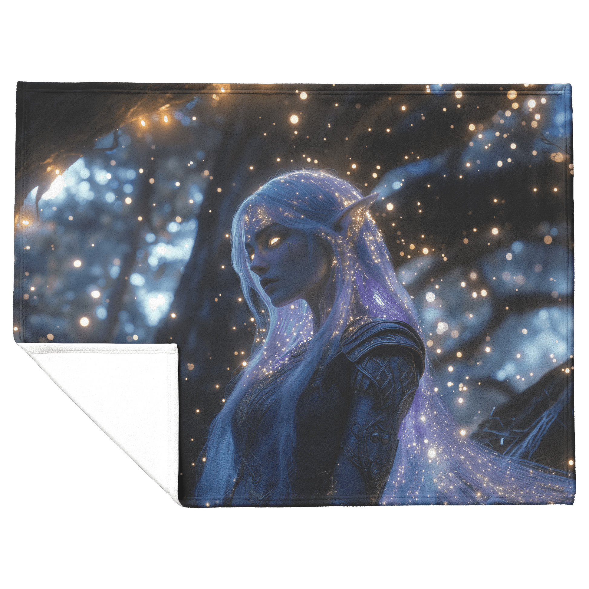 Night Elf Paladin Fleece Sherpa Blanket Silver Purple Armor Silver Light Cascading Stars Majestic Serene WoW Design - Awakening Righteousness