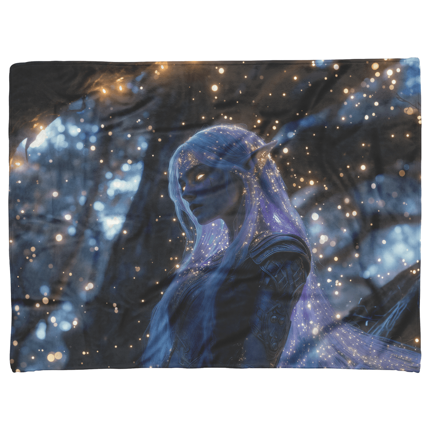 Night Elf Paladin Fleece Sherpa Blanket Silver Purple Armor Silver Light Cascading Stars Majestic Serene WoW Design - Awakening Righteousness