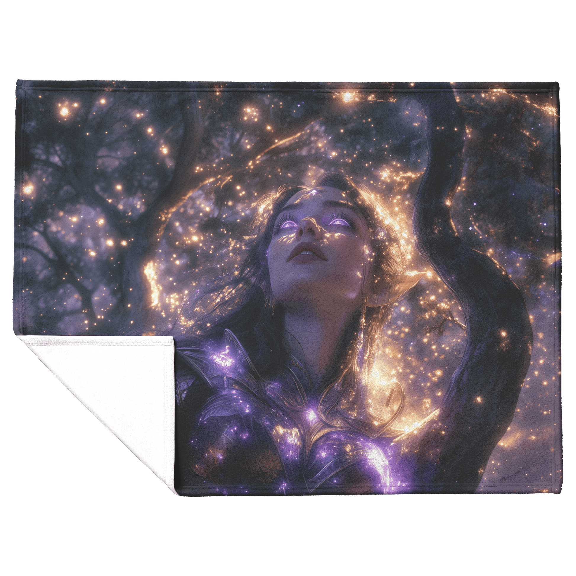 Night Elf Paladin Fleece Sherpa Blanket Silver Purple Armor Silver Light Cascading Stars Majestic Serene WoW Design - Awakening Righteousness