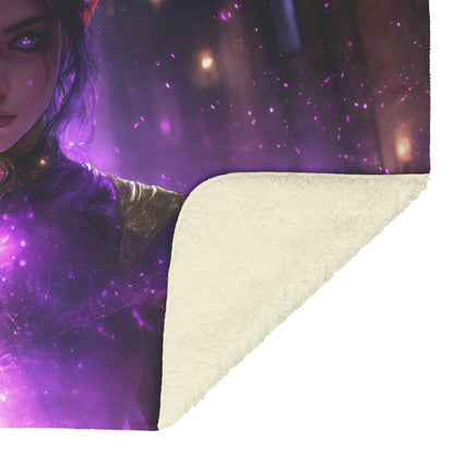 Night Elf Priest Fleece Sherpa Blanket Glowing Purple Gold Robes Radiant Stars Shimmering Textures Elegant Powerful WoW Design - Awakening Righteousness