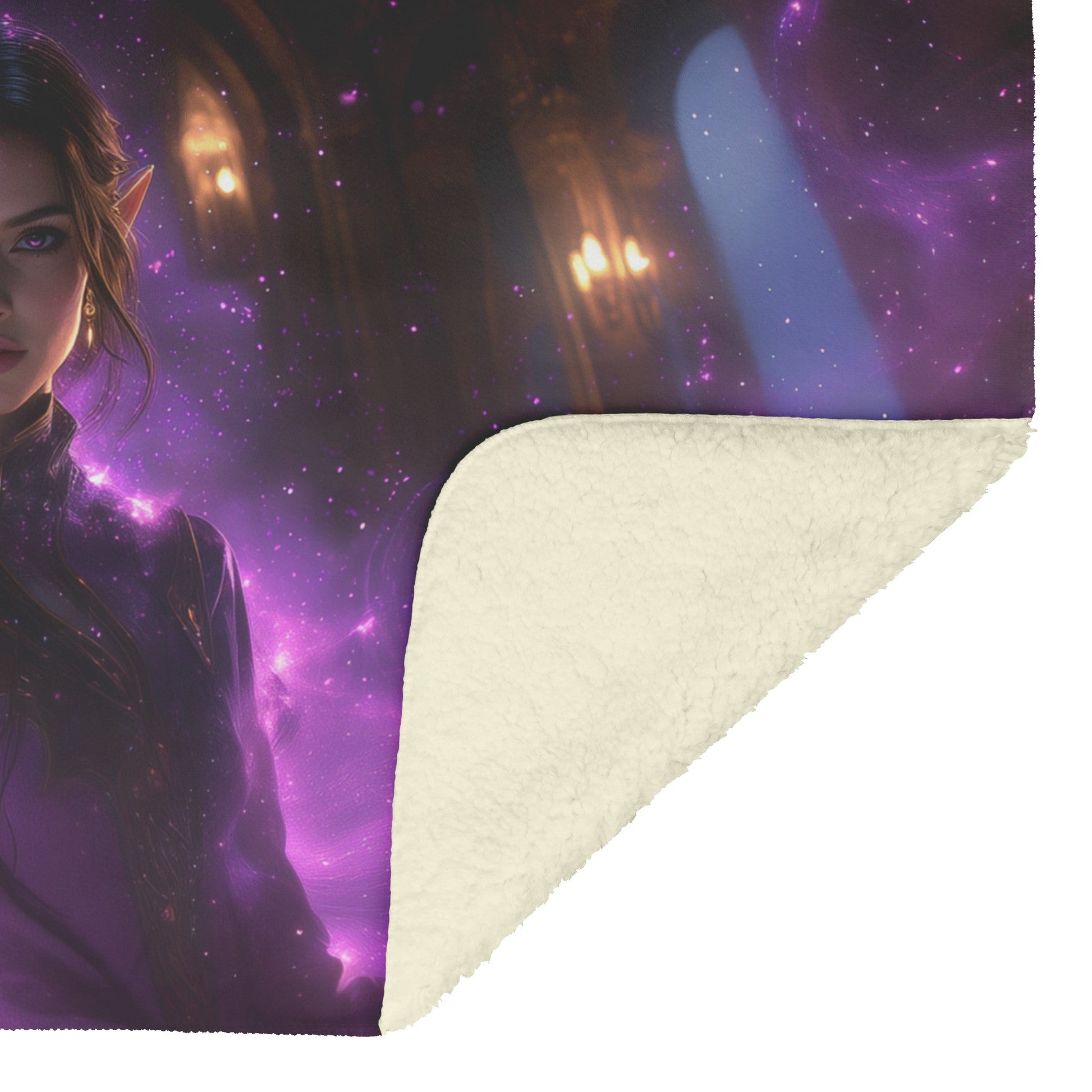 Night Elf Priest Fleece Sherpa Blanket Purple Gold Robes Shimmering Textures Radiant Stars Elegant Powerful Design - Awakening Righteousness